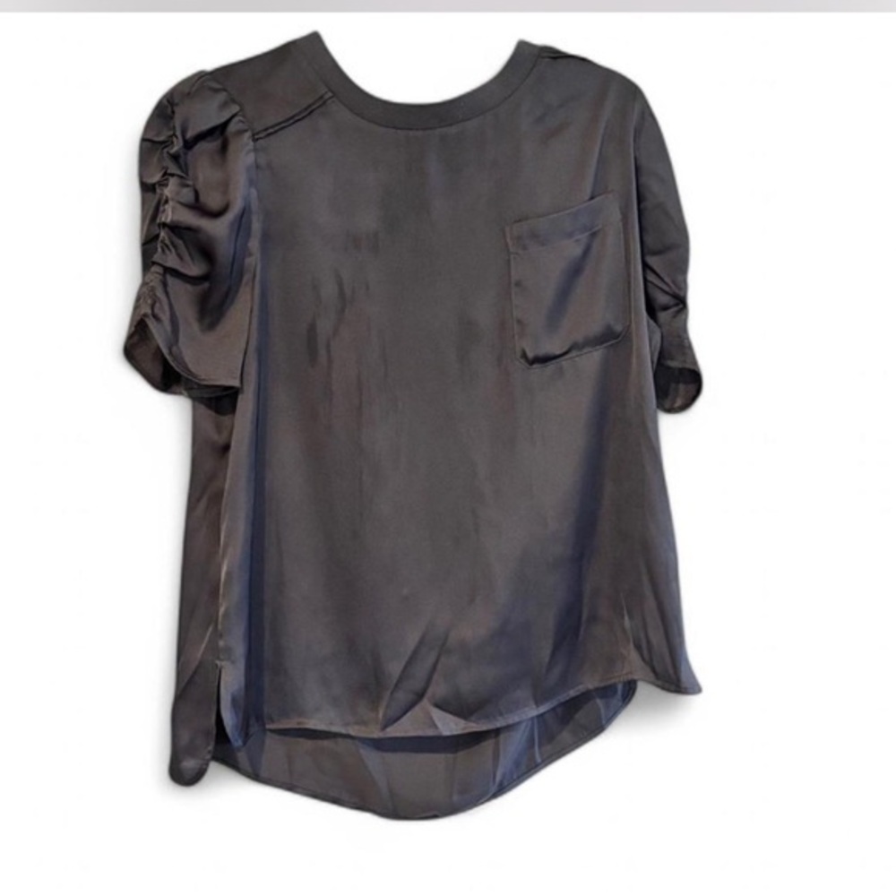 DR2 Satin Puff Sleeve Blouse Black Gray Size M Workwear Top